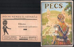 cca 1930-1940 Pécs, turisztikai ismertető füzet, 40 p., korabeli hirdetésekkel, a borító és néhány lap kissé sérült + Pécs sz. kir. város térképe, 1 : 15.000, 27,5x24 cm + Pécsi Nemzeti Színház programfüzete, 8 p.