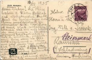 1935 Cheb, Eger; Marktplatz, Hüte, Josef Brandner Feinkost Weinstube, Ernest Schrödl / square, autom...