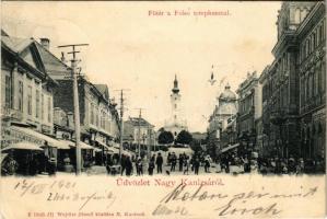 1901 Nagykanizsa, Fő tér, Felső templom, üzletek. Ifj. Wajdits József kiadása (vágott / cut)