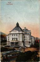 1923 Most, Brüx; Stadt-Theater / theatre, tram (fa)