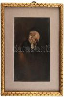 Olvashatatlan jelzéssel (jobbra lent): Zsidó (?) férfi portréja. Olaj, karton. Dekoratív fa keretben. 17×9,5 cm.