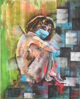 Nagy Imola (1976-): Lány maszkban. Akril, vászon, keret nélkül, jelzett, 80x100cm