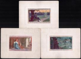 cca 1900 Schubertlieder - illusztrációk egy-egy kottasorral, kartonra ragasztott nyomatok, 9 db, 7,5×11 cm