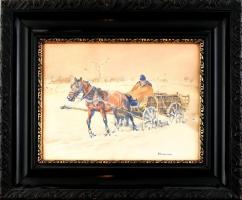 Benyovszky István (1898-1969): Lovasszekér a hóban. Akvarell, papír, jelzett. Dekoratív, üvegezett fa keretben, 30×40 cm
