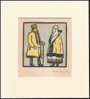 Kós Károly (1883-1977): Találkozás. Linómetszet, papír, utólagos jelzéssel, paszpartuban, felületén hajtásnyommal, 11×11 cm