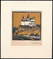 Kós Károly (1883-1977): Vár a hegyen. Linómetszet, papír, utólagos jelzéssel, paszpartuban, felületén hajtásnyommal, 11×11 cm