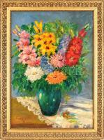 Frank Frigyes jelzéssel: Virágcsendélet. Olaj, farost. Dekoratív, sérült fa keretben. 70×50 cm