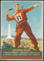 cca 1960 Vegyetek részt a Magyar Önkéntes Honvédelmi Szövetség és a Dolgozó Ifjúság Szövetsége által rendezett Pákozdi Ifjúsági versenyen, villamosplakát, 23,5×16,5 cm