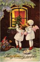 1935 Boldog Karácsonyi Ünnepeket! / Christmas greeting art postcard, angels with toys. L&P 2340. (EK)