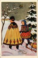 1938 Karácsonyi üdvözlet / Christmas greeting art postcard, Hungarian folklore s: Szilágyi G. Ilona (EB)