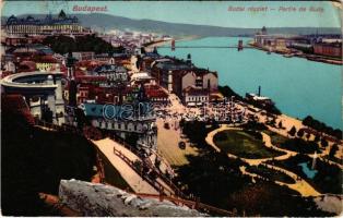 1910 Budapest I. Budai részlet, kilátás a Gellérthegyről, Királyi vár, Tabán, Döbrentei tér, piac, villamos (EK)