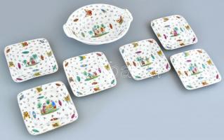 Carlsbad kínai mintás készlet, tál + 6 db tányér. Kézzel festett, benyomott jelzéssel, kopott, 25x18,5 cm és 14,5x14,5 cm