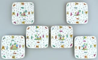 Carlsbad kínai mintás készlet, tál + 6 db tányér. Kézzel festett, benyomott jelzéssel, kopott, 25x18...