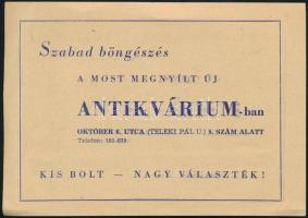 cca 1960 Szabad böngészés a most megnyílt új Antikvárium-ban, október 6. utca (Teleki Pál u.) 8 sz., hátoldalán az ÁKV boltok listájával, reklám prospektus, 15x10 cm