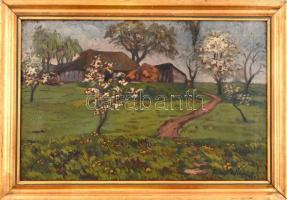 Faragó Márton (1880-1956): Tavasz, 1930. Olaj, vászon, jelzett. Dekoratív, kissé sérült fa keretben, 35×54 cm