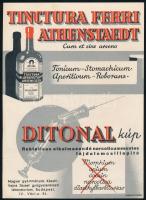 cca 1930-40 Tinctura Ferri Athenszaedt, Ditonal kúp, magyar gyártmányok, gyógyszertári reklám, karton, Globus nyomda Bp., apró törésnyomokkal, 21x15 cm