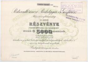 Budapest 1923. "Pestszentlőrinczi Parkétgyár és Gőzfűrész Részvénytársaság" huszonöt részvénye egyben, összesen 5000K-ról, szelvényekkel, szárazpecséttel, felülbélyegzéssel T:I- / Hungary / Budapest 1923. "Pestszentlőrinc Parquet Factory and Steam Saw Share Company" twenty-five shares in one, in sum total of 5000 Korona with coupons, embossed stamp and overprint C:AU