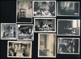 cca 1920-1940 Régi lakásbelsők, 9 db fotó, 6×6 és 9×6,5 cm közötti méretekben