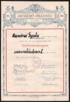 1949 Kisbér, dicsérő oklevél kultúrversenyen szavalásban elért eredményért, aláírásokkal, pecséttel