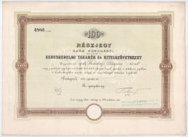 Budapest 1904. "Kereskedelmi Takarék és Hitelszövetkezet" névre szóló részvény 100K-ról, s...