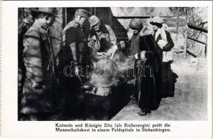 Kaiserin und Königin Zita (als Erzherzogin) prüft die Mannschaftskost in einem Feldspitale in Siebenbürgen / Zita császárné és királyné (főhercegnő korában) megvizsgálja a legénységi élelmet egy erdélyi tábori kórházban / WWI Austro-Hungarian K.u.K. military, Empress and Queen Zita of Bourbon-Parma (wife of Charles I of Austria) inspects the lunch of soldiers at a Transylvanian K.u.K. field hospital