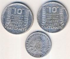 Franciaország 1914. 1Fr Ag T:3- + 1930+1932. 10Fr Ag (2x) T:3 Összesen 3klf db!