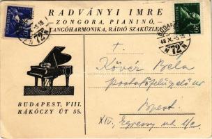 1948 Radványi Imre zongora, pianínó, tangóharmonika, rádió szaküzlet reklámja. Budapest VIII. Rákóczi út 55. / Hungarian musical instrument and radio shop advertisement (EK)