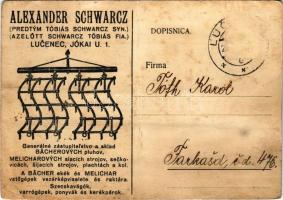1933 Alexander Schwarcz (azelőtt Schwarcz Tóbiás fia) Bächer ekék és Melichar vetőgépek vezérképviselete és raktára. Szecskavágók, varrógépek, ponyvák és kerékpárok. Lucenec (Losonc) Jókai u. 1. / Hungarian shop advertisement (fa)