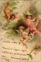 1900 Greeting art postcard with angels. litho (EB)