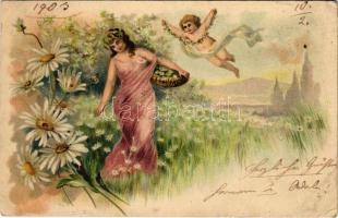 1903 Greeting art postcard with angel and lady. litho (EK)