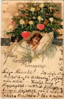 Boldog karácsonyi ünnepeket! / Christmas greeting art postcard with Christmas tree. Art Nouveau, litho (EM)
