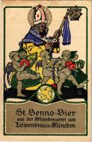 1935 St. Benno Bier aus der Aktienbrauerei zum Löwenbräu in München / German beer advertisement. Art Nouveau, litho s: Otto Obermeier + "Förster János Apostolok söntése, Budapest Kígyó utca" (r)