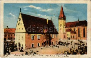 1929 Bártfa, Bardiov, Bardejov; Fő tér, templom, régi városháza (múzeum), piac / main square, church, old town hall (museum), market (tűnyom / pin mark)