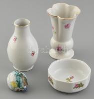 Vegyes porcelán tétel, Aquincum váza, kopott, csorba, 11,5cm, Hollóházi tálka, váza, d:9cm, m:12, kopott, kerámia süni jelzés nélkül, m:4cm, lepattanás.