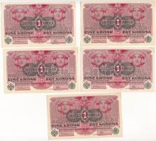 1916. 1K (5x, sorszámkövetők) zöld "DEUTSCHÖSTERREICH" felülbélyegzéssel T:I- Hungary 1916. 1 Krone (5x consecutive serials) with green "DEUTSCHÖSTERREICH" overprint C:AU Adamo K3B