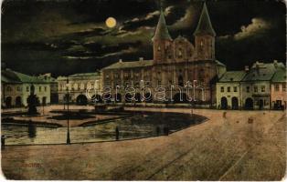 1913 Zsolna, Sillein, Zilina; Fő tér éjjel, szálloda, üzletek / main square at night, hotel, shops (r)