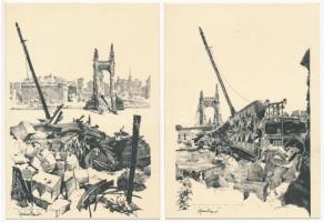 Budapest - 5 db második világháborús grafikai lap: lerombolt hidak 1945 tavaszán (Lánchíd, Erzsébet ...
