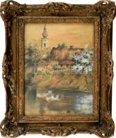 Hufnagel 1900 jelzéssel: Vízparti falu. Akvarell, papír. Antik, historizáló, kissé sérült fa keretben. 23x19 cm