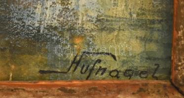 Hufnagel 1900 jelzéssel: Vízparti falu. Akvarell, papír. Antik, historizáló, kissé sérült fa keretbe...