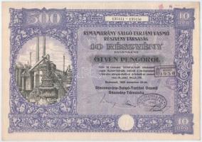 Budapest 1925. Rimamurány-Salgó-Tarjáni Vasmű Részvény-Társaság 10db részvénye egyenként 50P-ről, szárazpecséttel és bélyegzésekkel, szelvényekkel T:III