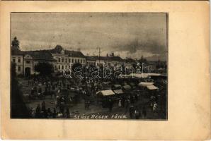 1940 Szászrégen, Rehin; Fő tér, piac / main square, market + 1940 Szászrégen visszatért So. Stpl. (EK)