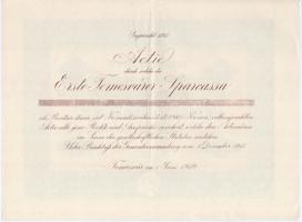 Temesvár 1919. "Temesvári Első Takarékpénztár" névre szóló részvénye 1200K-ról szárazpecsé...