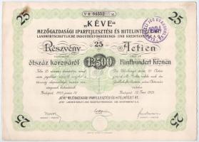 Budapest 1923. " 'KÉVE' Mezőgazdasági Iparfejlesztési és Hitelintézet Rt." huszonöt részvénye egyben összesen 12.500K-ról, 1db szelvénnyel, szárazpecséttel, bélyegzéssel T:II rozsdás kapocs nyoma