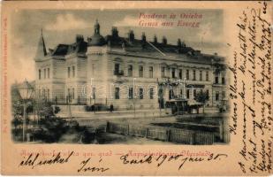 1900 Eszék, Osijek, Essegg; Kapuzinergasse Oberstadt / utca, Felsőváros, Géza Bauer üzlete, lóvasút / street, shop, horse-drawn tram (EK)