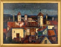 Gádor Emil (1911-1998): Öreg város. Olaj, farost, jelzett, hátoldalán autográf felirattal (Balatoni Nyári Tárlat 1972) és Képcsarnok Vállalat címkéivel, mely szerint szerepelt a festő Tiszavasváriban rendezett kiállításán. Dekoratív fa keretben, 60×80 cm
