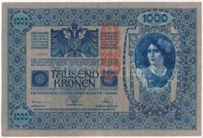 Ausztria 1919. (1902) 1000K, függőleges "DEUTSCHÖSTERREICH" felülbélyegzéssel, mindkét oldal német T:III Austria 1919. (1902) 1000 Kronen, with vertical "DEUTSCHÖSTERREICH" overprint, both sides in german C:F Krause P#58