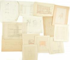 cca 1940 Kaesz Gyula (1897-1967): Lakás komplett bútorzatának terve 12 db eredeti ceruzás tervrajz, 35x30 cm-ig