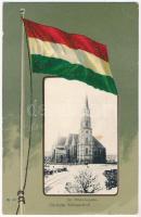 Kolozsvár, Cluj; Szt. Mihály templom. Magyar zászlós szecessziós litho, Fuhrmann M. kiadása / church. Art Nouveau with Hungarian flag, litho (fl)