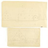 cca 1940 A Tatai Nepomucenus malom rajzos terve, méretezve. Ceruza, papír. Két íven. 36x21 cm, 27x50 cm
