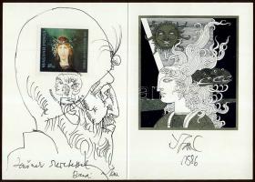 Szász Endre (1926-2003): Emléklap saját kézzel rajzolt, dedikált grafikával